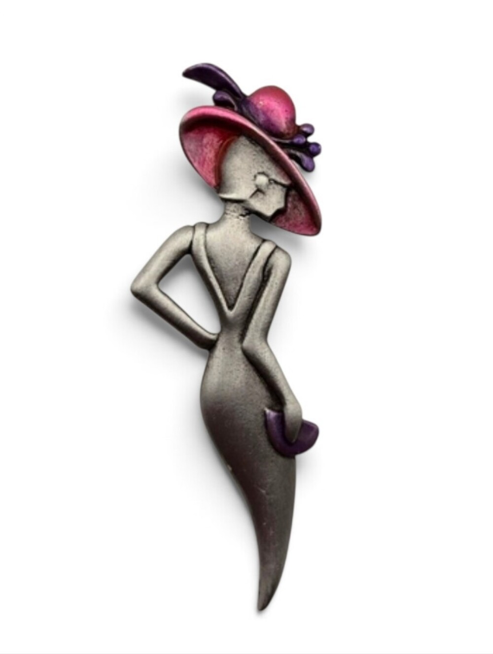 Vintage JJ Lady Brooch / Pin – Silver Tone with Pink & Purple Enamel Hat